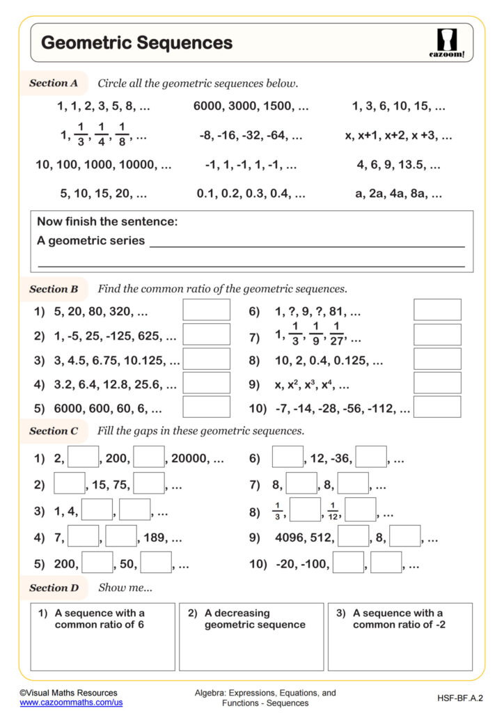 Geometric Sequences Worksheet PDF Printable Algebra Worksheet Cazoom Math Geometric Sequences Worksheet PDF Printable Algebra Worksheet Cazoom Math