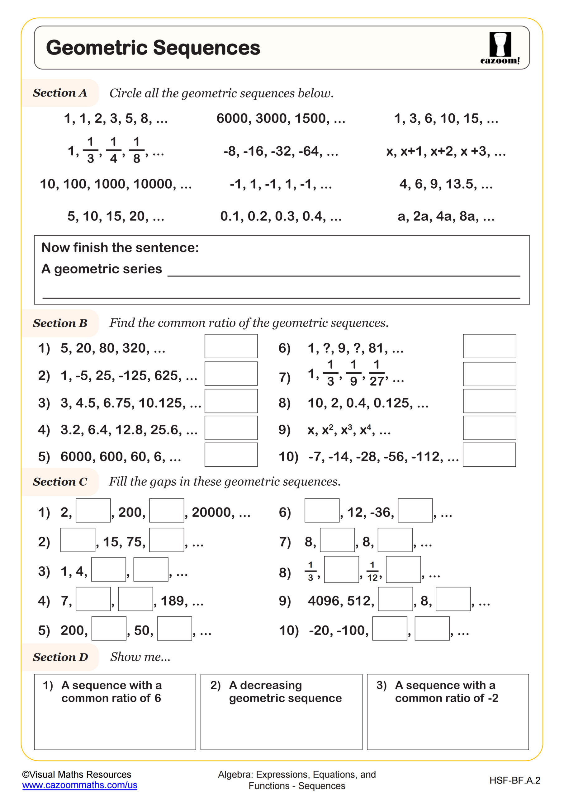 Geometric Sequences Worksheet PDF Printable Algebra Worksheet Cazoom Math