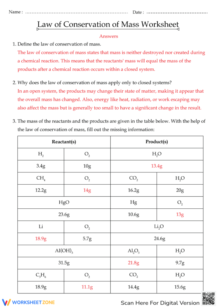 Grade 7 Conservation Of Mass Worksheets Printable