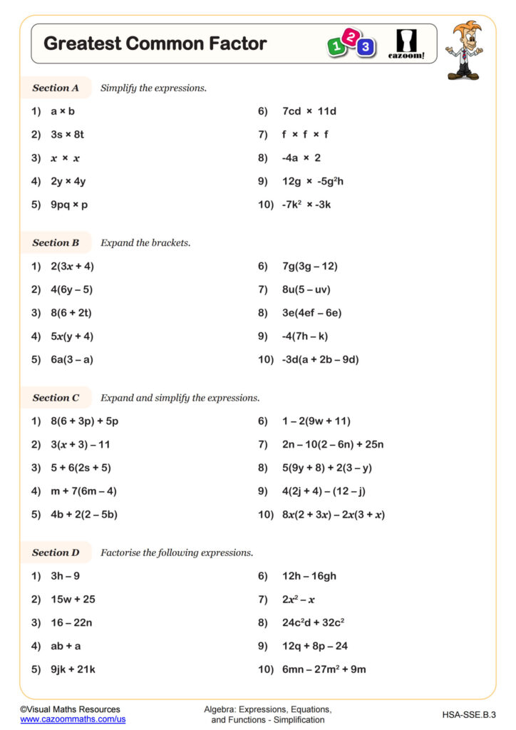 Greatest Common Factor Worksheet Algebra I PDF Worksheets Cazoom Math