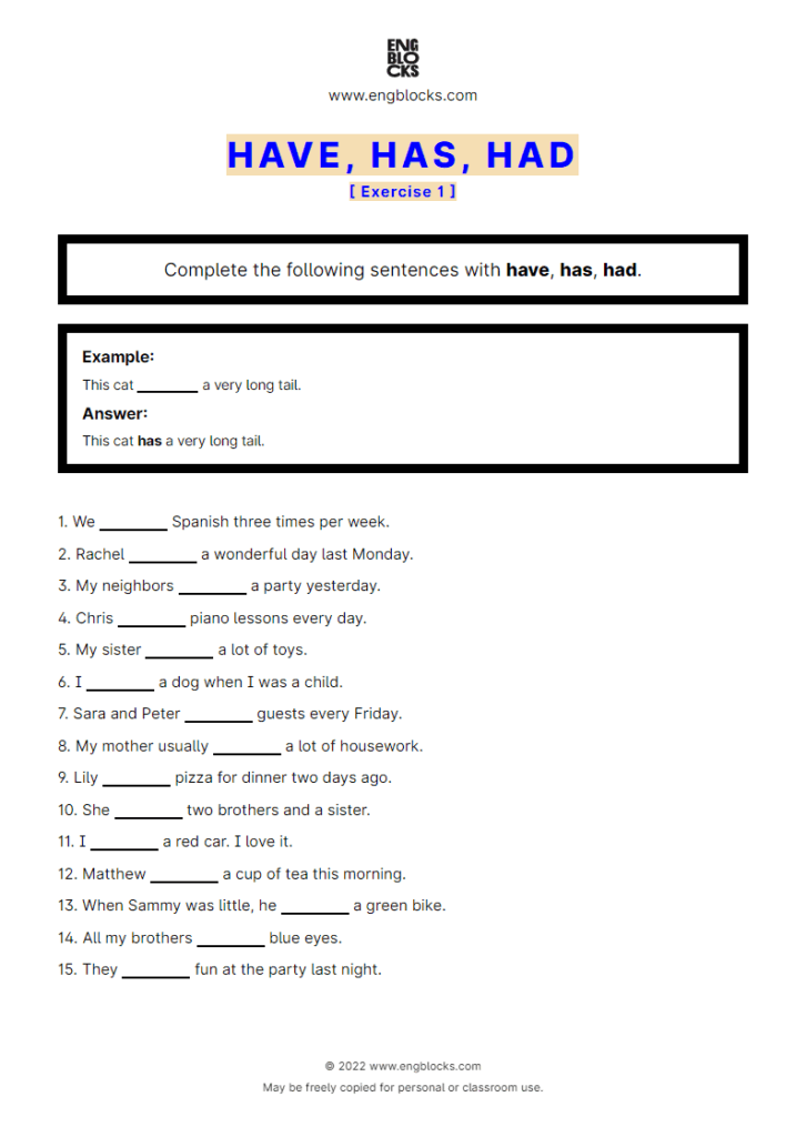 Have Has Had Exercise 1 ESL Worksheets Have Has Had Exercise 1 ESL Worksheets