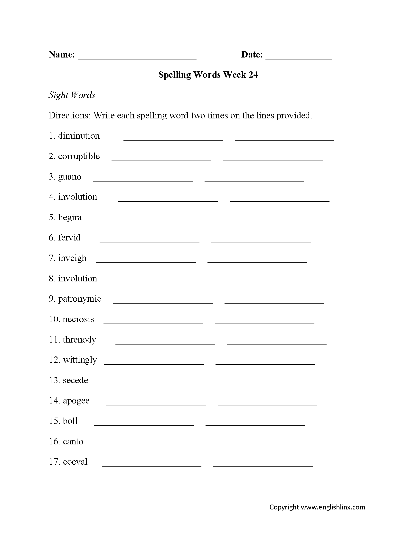 High School Spelling Worksheets Advanced Spelling Word Practice
