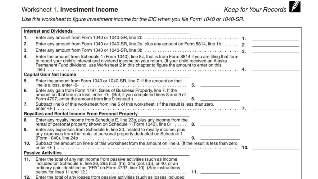 How To Calculate Investment Income For EITC Purposes IRS Pub 596 Worksheet 1 Walkthrough YouTube