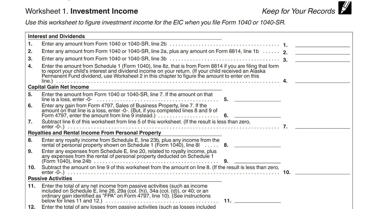 How To Calculate Investment Income For EITC Purposes IRS Pub 596 Worksheet 1 Walkthrough YouTube