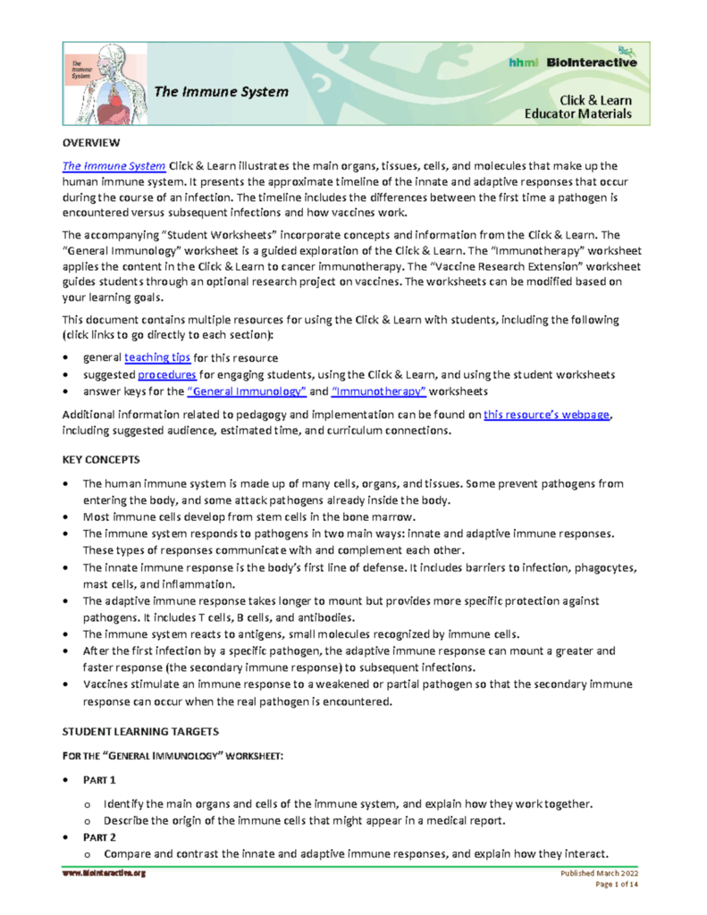 Immune System Teaching Resources Educator Guide CL Studocu