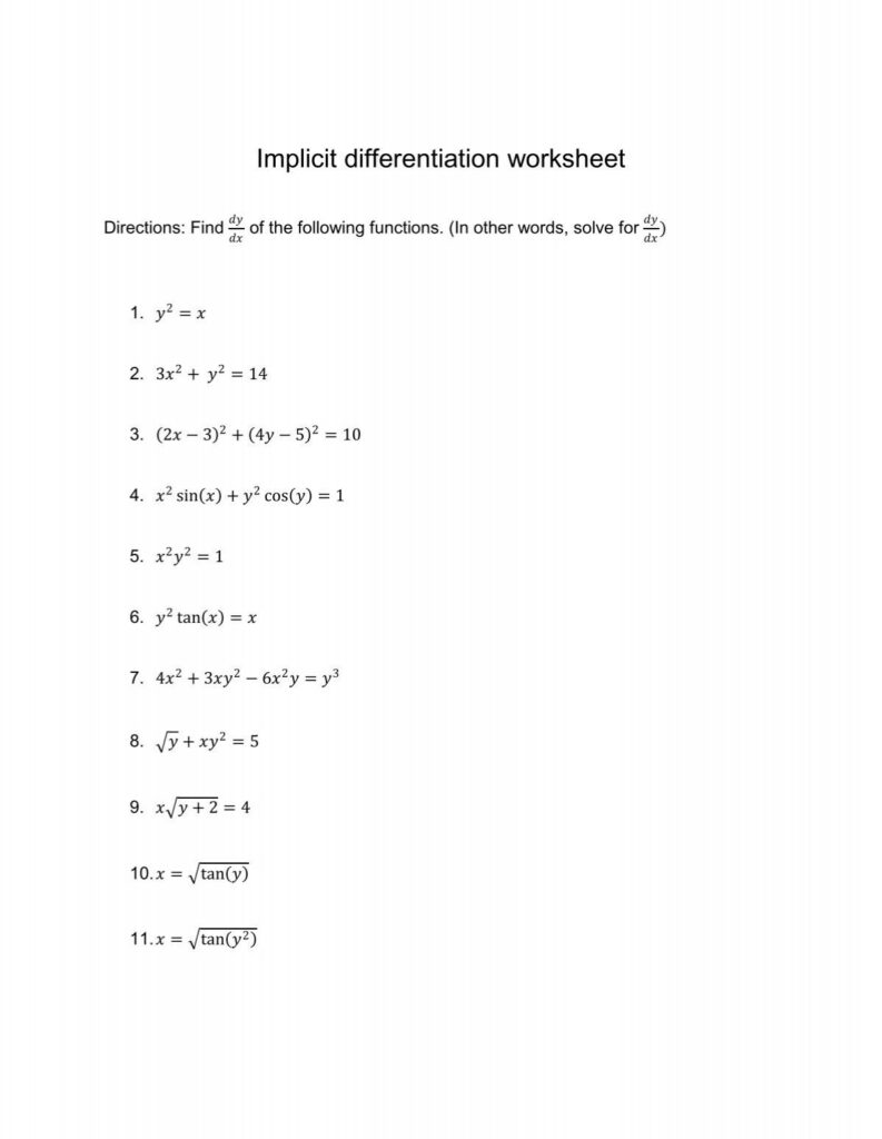 Implicit Differentiation Worksheet