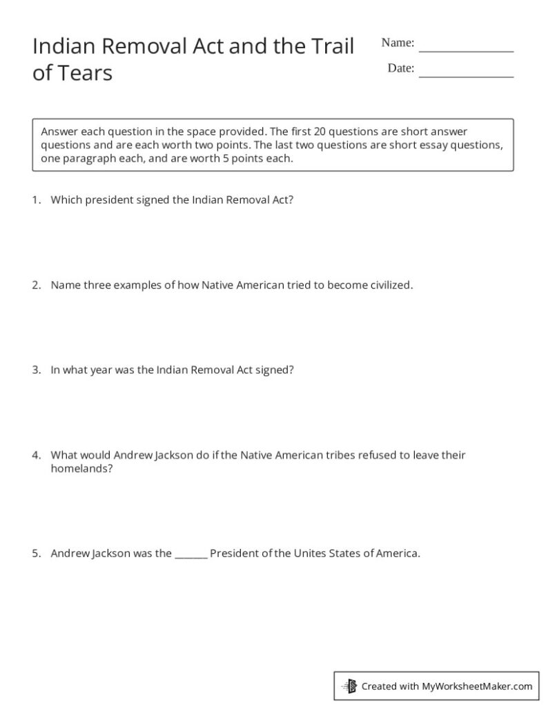 Indian Removal Act And The Trail Of Tears My Worksheet Maker Create Your Own Worksheets