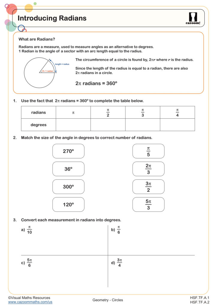 Introducing Radians Worksheet Fun And Engaging Algebra II And IM 3 Geometry Worksheet Cazoom Math