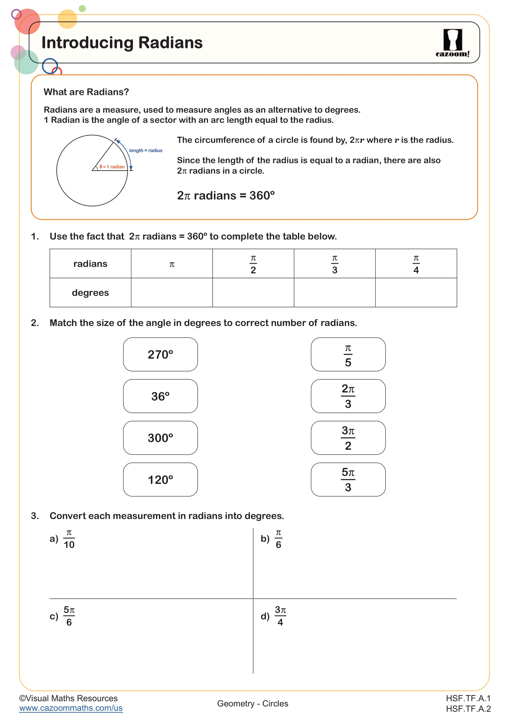 Introducing Radians Worksheet Fun And Engaging Algebra II And IM 3 Geometry Worksheet Cazoom Math