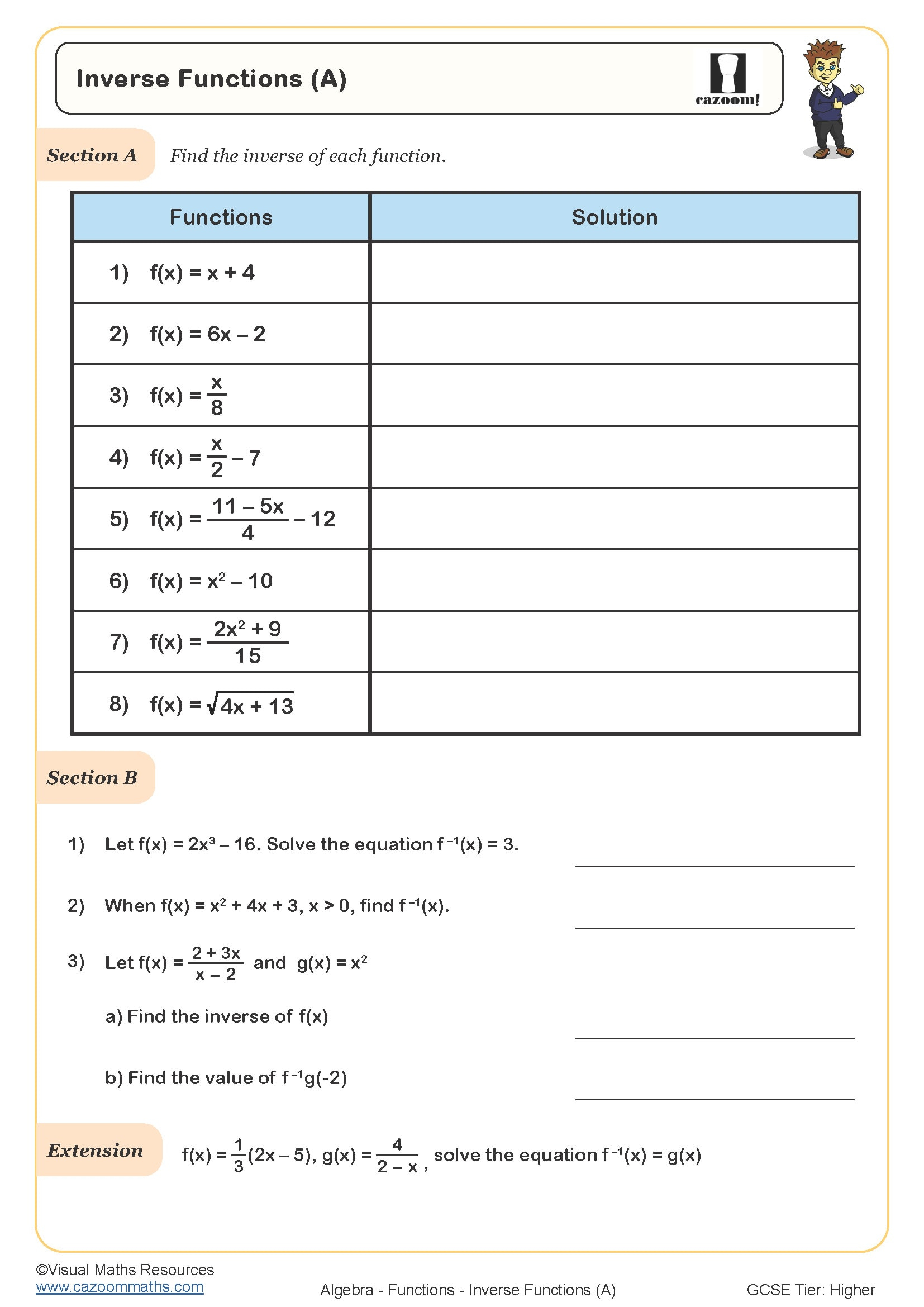 Inverse Functions A Worksheet Cazoom Maths Worksheets