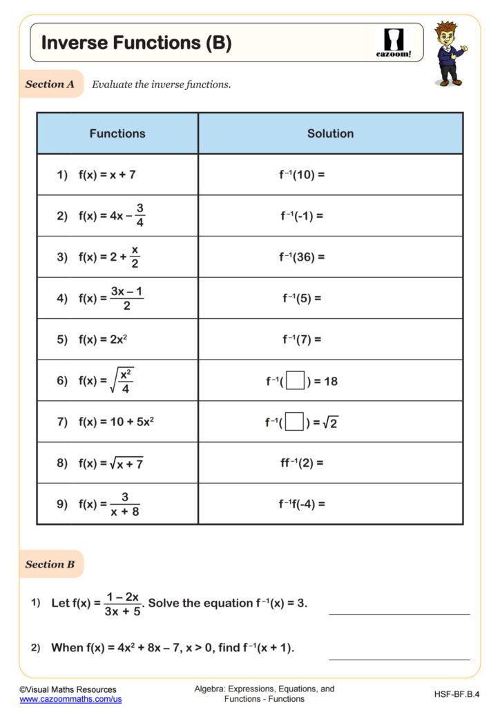 Inverse Functions B Worksheet Algebra II PDF Worksheets Cazoom Math Inverse Functions B Worksheet Algebra II PDF Worksheets Cazoom Math