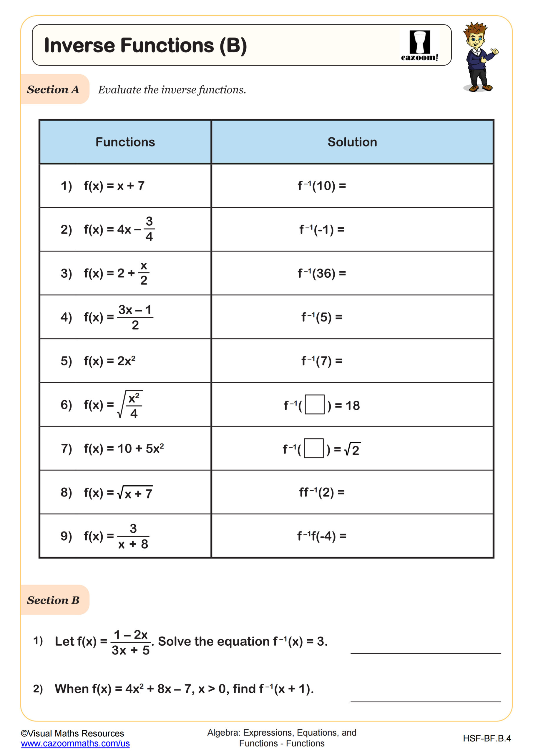 Inverse Functions B Worksheet Algebra II PDF Worksheets Cazoom Math