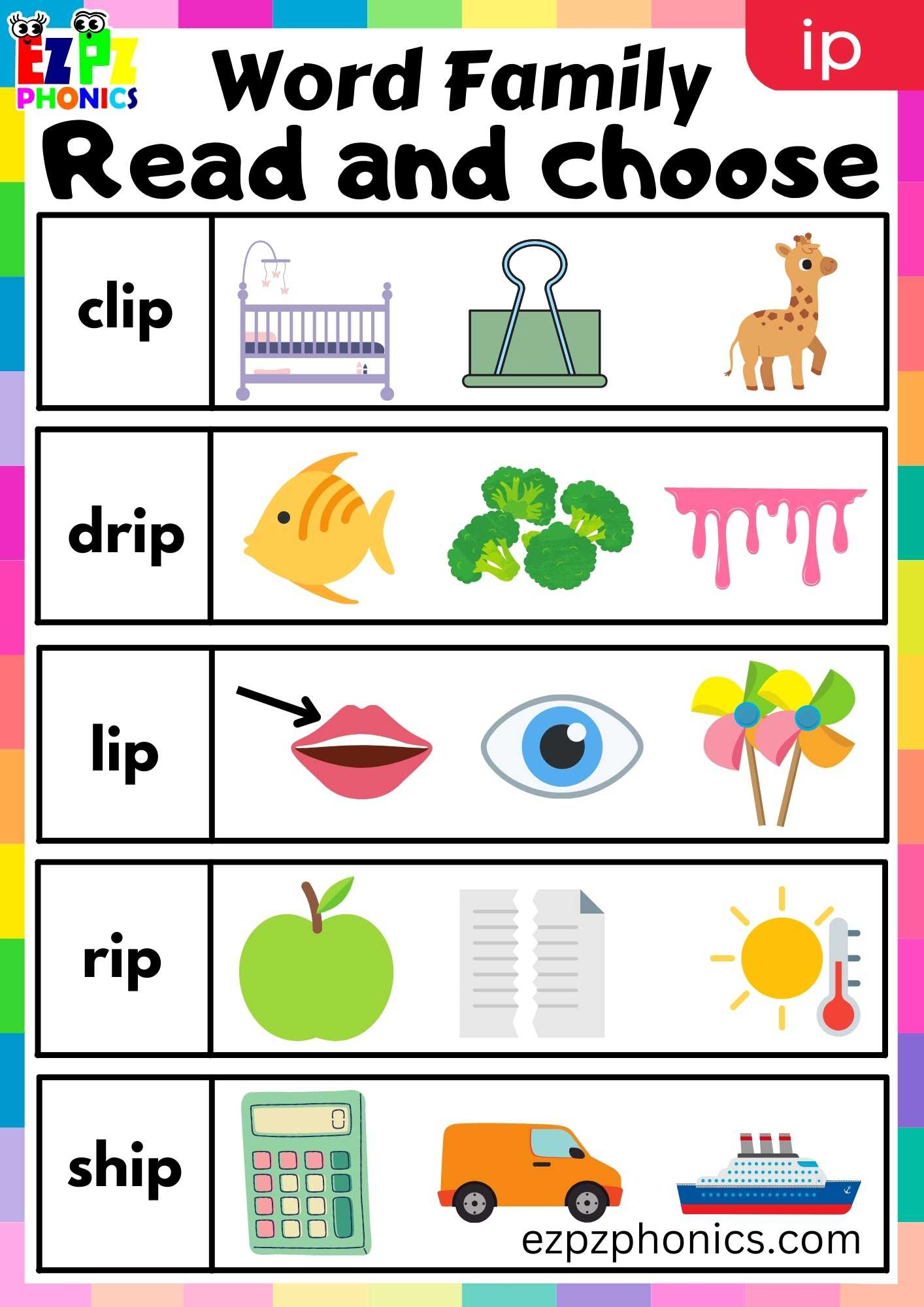 IP Words Read And Choose Phonics Word Families Worksheet Ezpzphonics