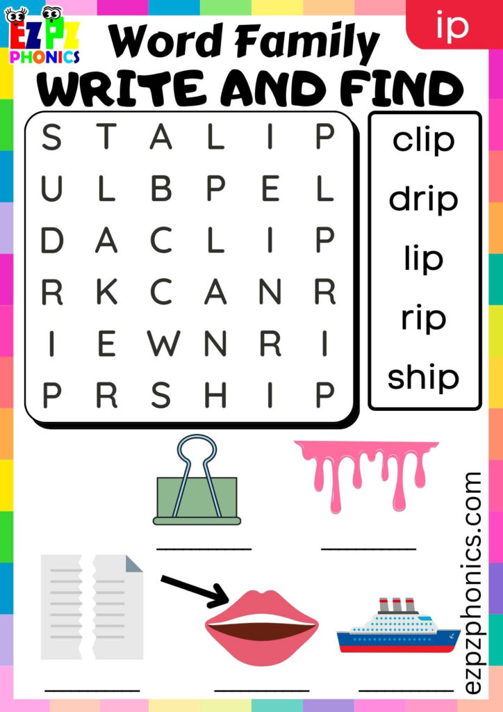 IP Words Write And Find Phonics Word Families Worksheet Ezpzphonics