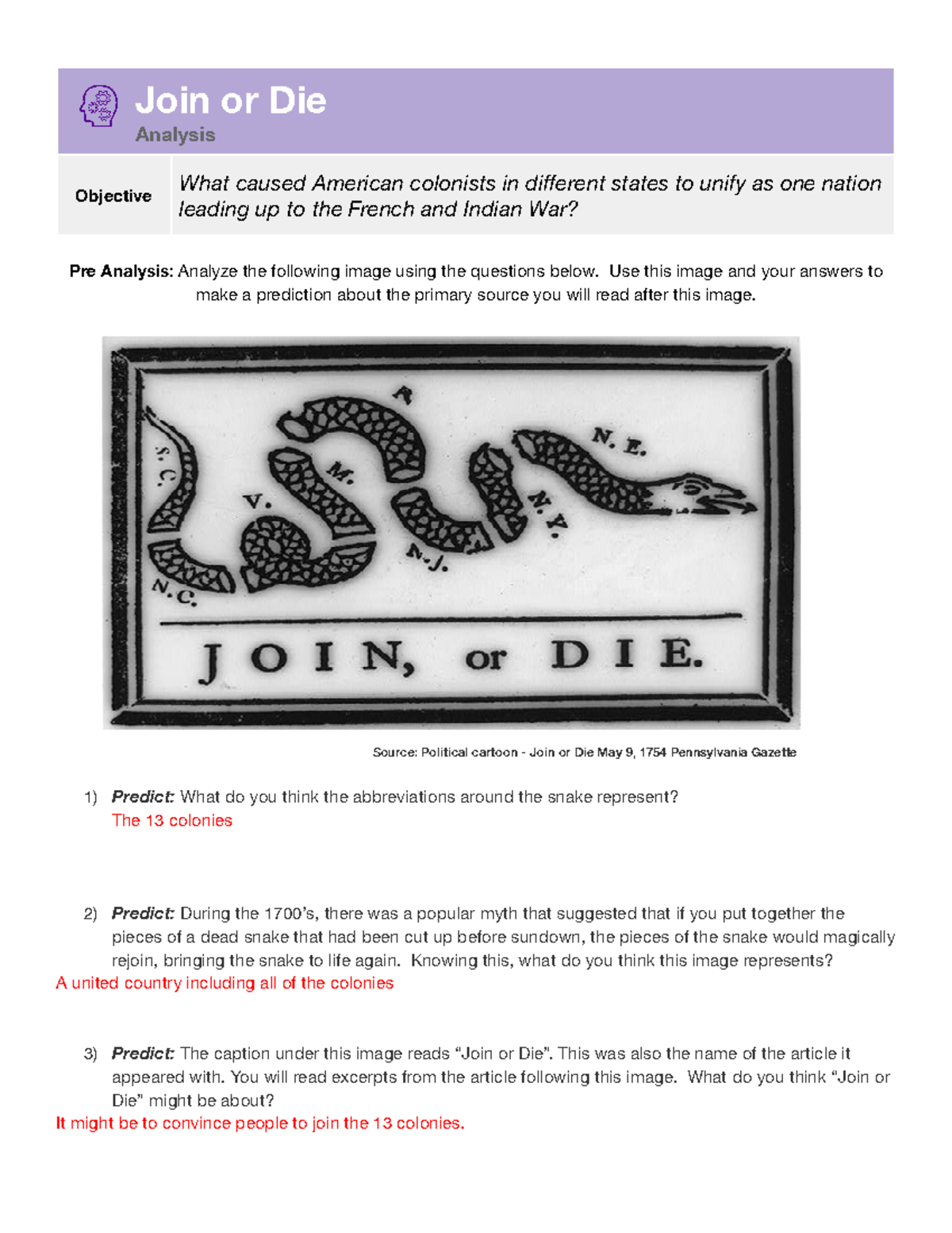 Join Or Die Analysis Of Unity Among Colonies Preceding F I War Studocu