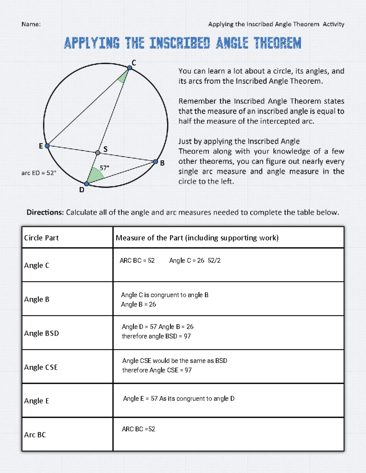 Kami Export Inscribed Angle Theorem Worksheet Circle Part Measure Of The Part including Studocu