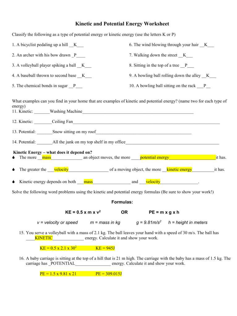 Kinetic And Potential Energy Worksheet Kinetic And Potential Energy Worksheet