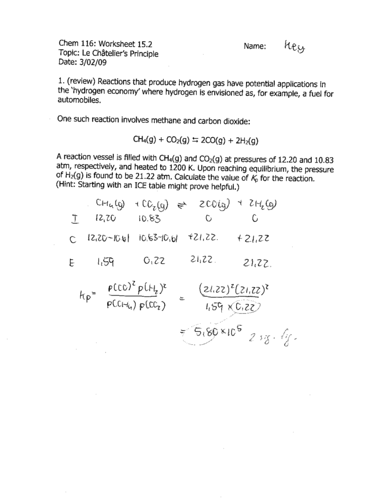 Le Chatelier s Principle Worksheet 15 With Answers CHEM 116 Assignments Chemistry Docsity