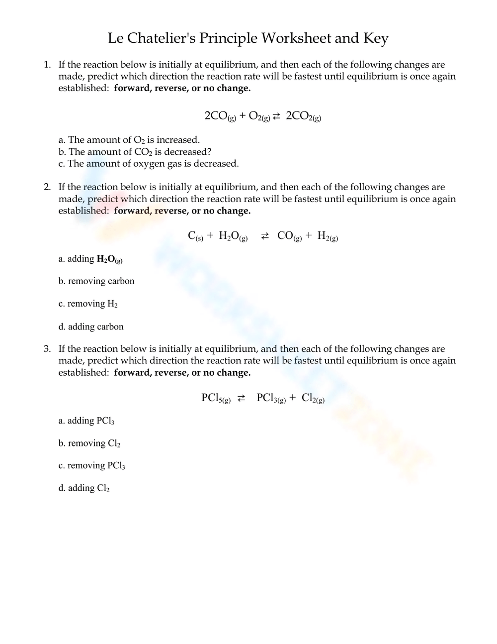 Le Chatelier s Principle Worksheets Printable