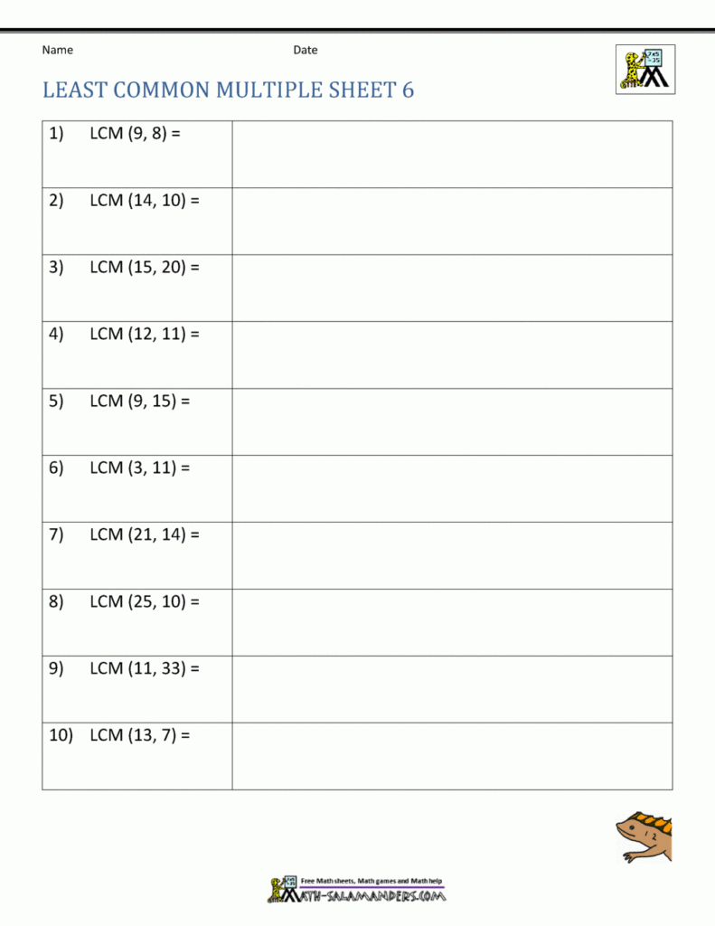 Least Common Multiple Worksheets Page
