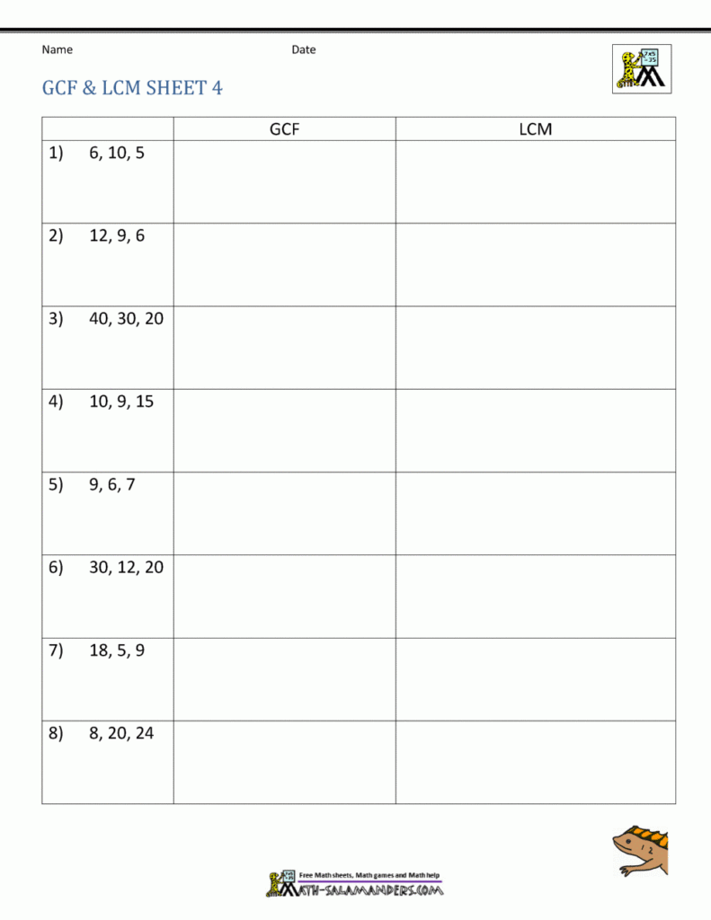 Least Common Multiple Worksheets Page