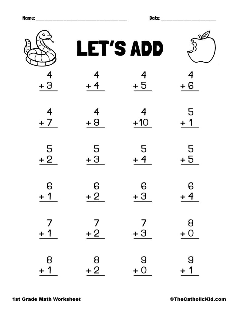 Let s Add 1st Grade Addition Catholic Worksheet TheCatholicKid