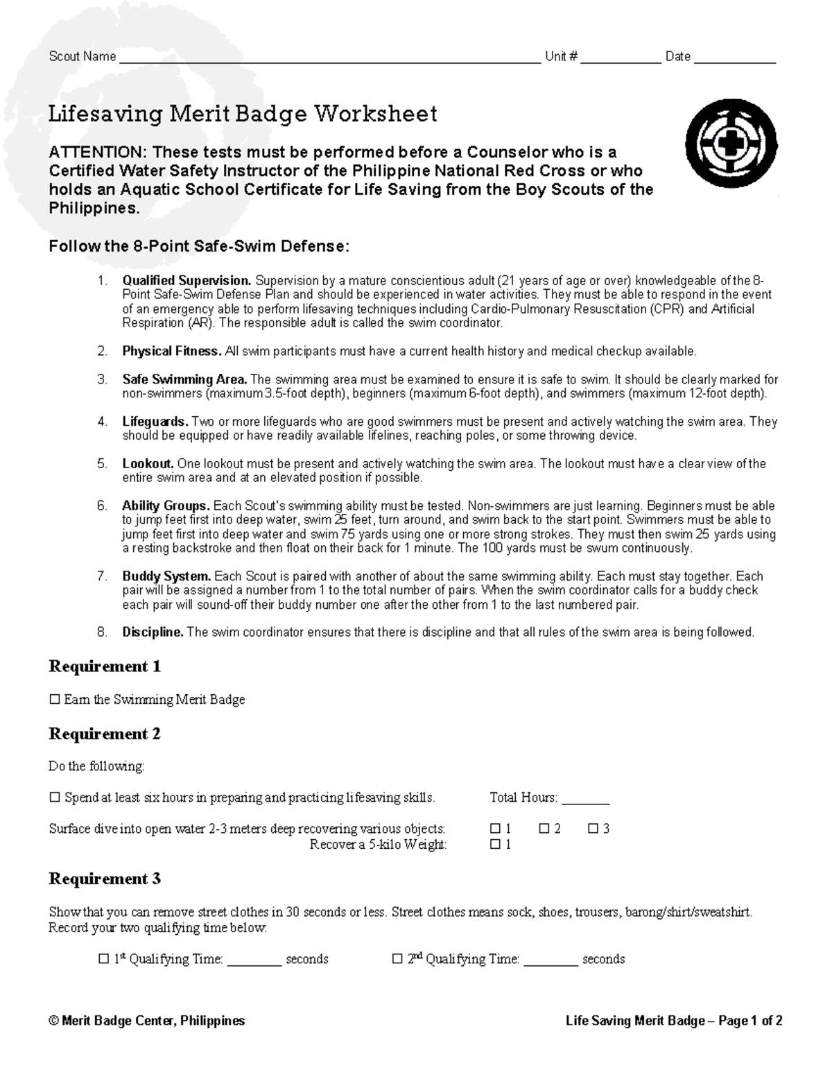 Life Saving Merit Badge Worksheet Scout Requirements Overview Studocu