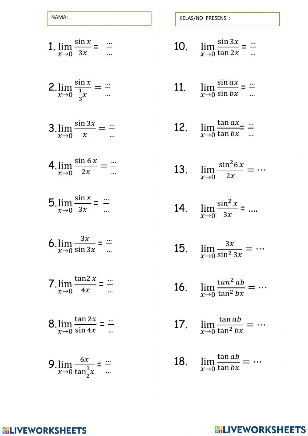 Limit Of Trigonometric Functions Worksheet Worksheets Library