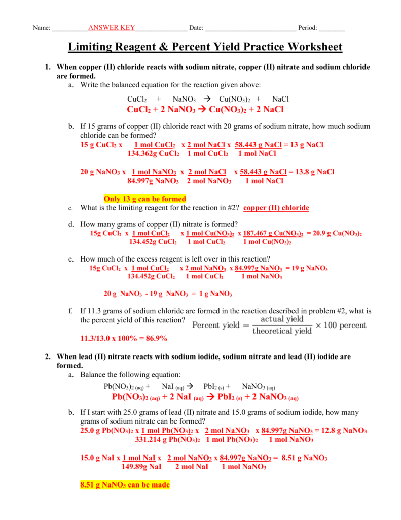 Limiting Reagent Percent Yield Worksheet