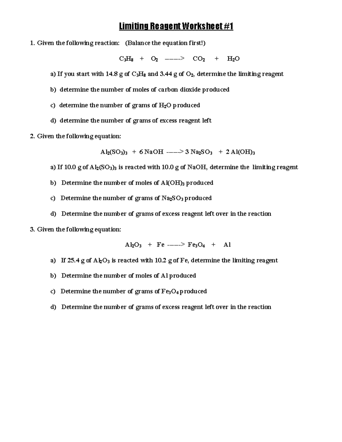 Limiting Reagents Problems Worksheet 1 2 For Chem 101 Studocu