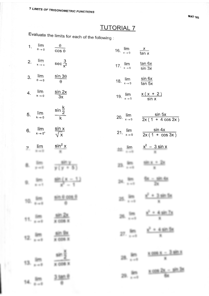 Limits With Trig Functions Worksheet Worksheets Library