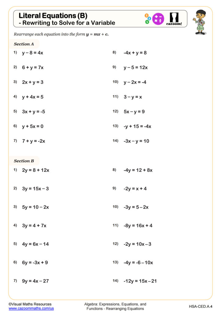 Literal Equations A Rewriting To Solve For A Variable Worksheet Algebra I PDF Worksheets Cazoom Math