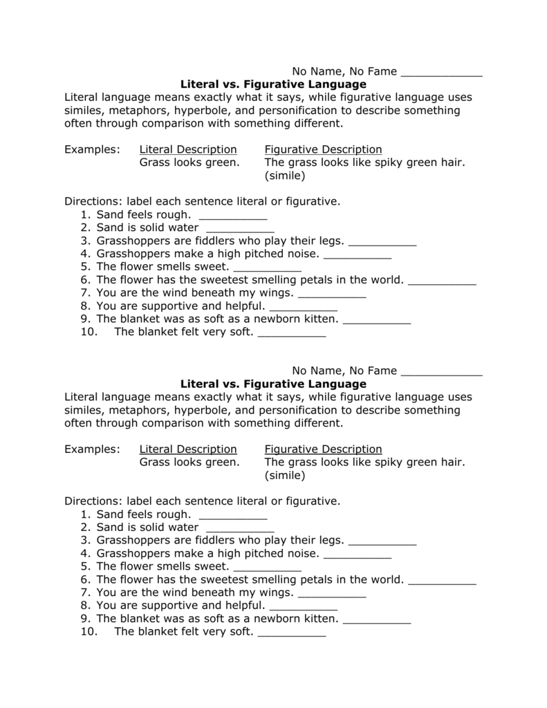 Literal Vs Figurative Language Worksheet
