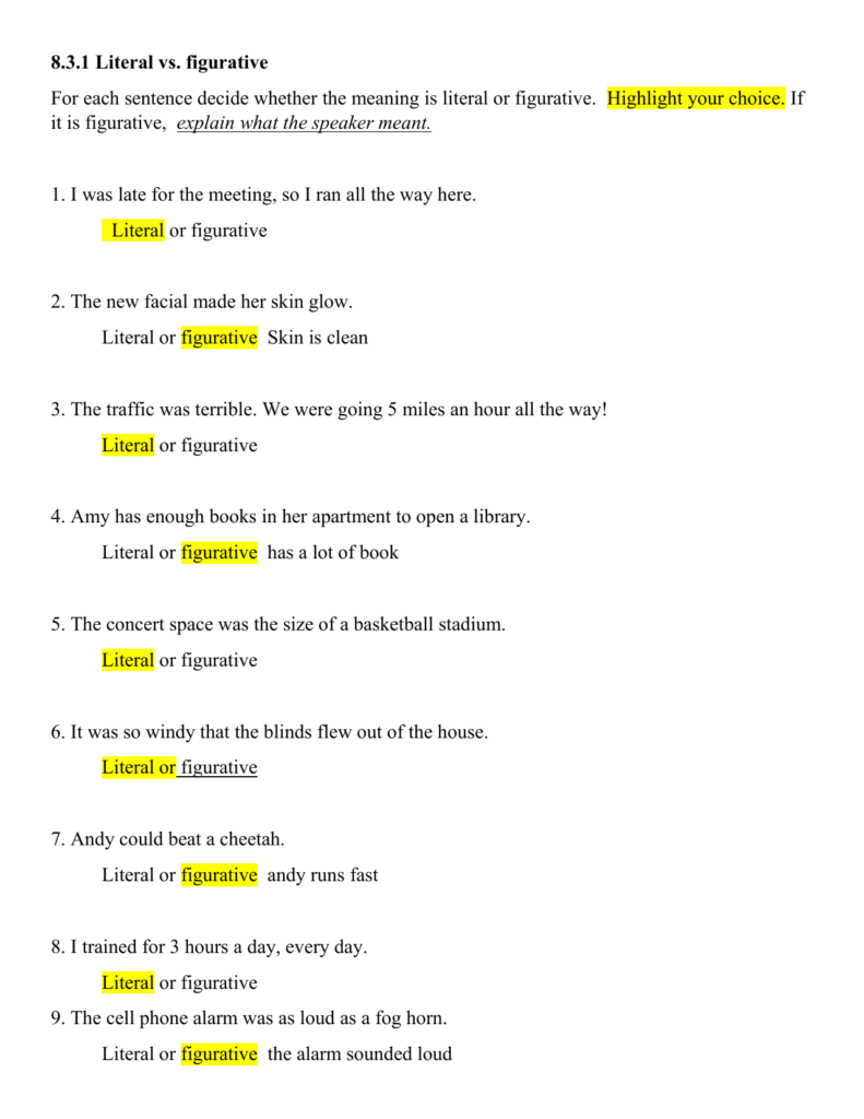 Literal Vs Figurative Language Worksheet