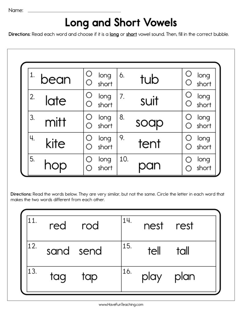 Long And Short Vowels Worksheet Have Fun Teaching