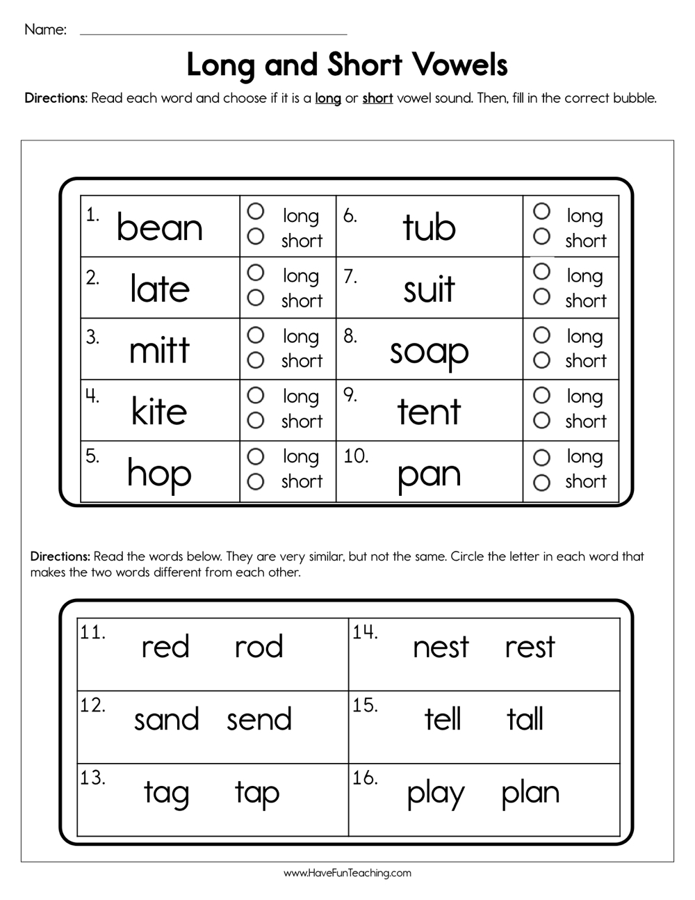 Long And Short Vowels Worksheet Have Fun Teaching