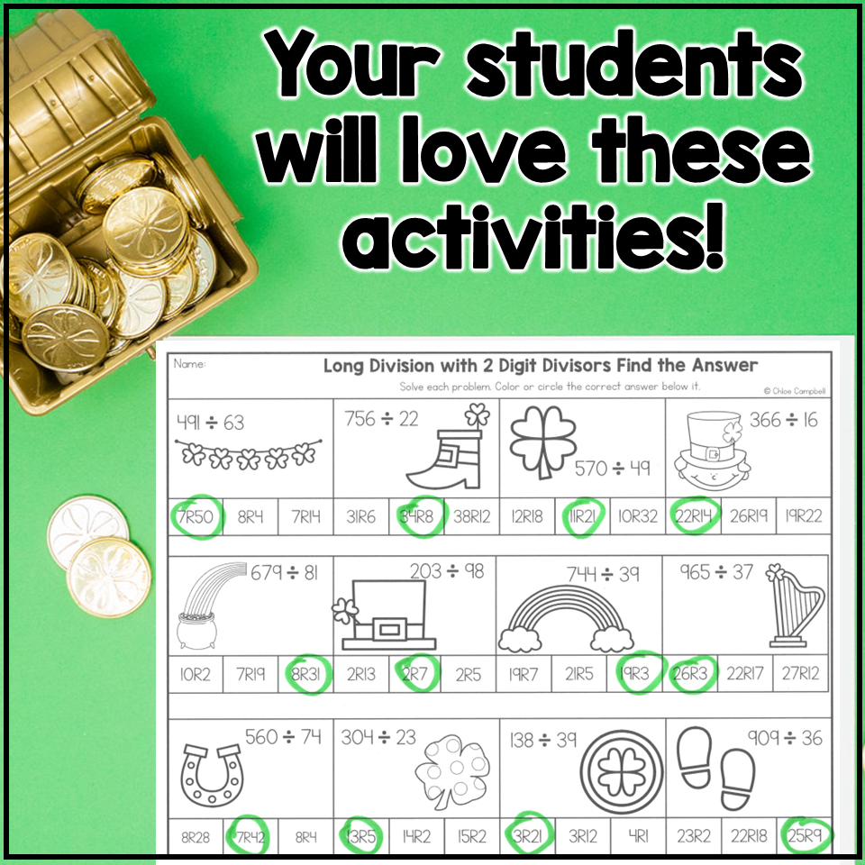 Long Division With 2 Digit Divisors St Patrick s Day Math Color By Number Chloe Campbell Education