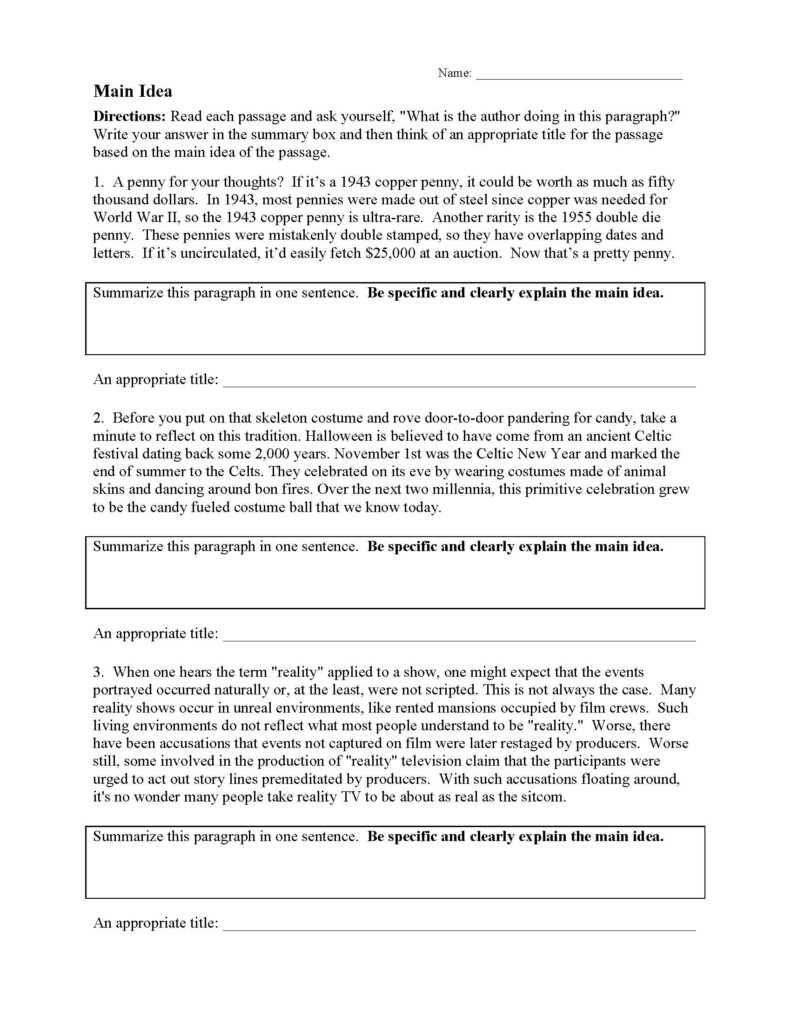 Main Idea Worksheet 1 Reading Activity