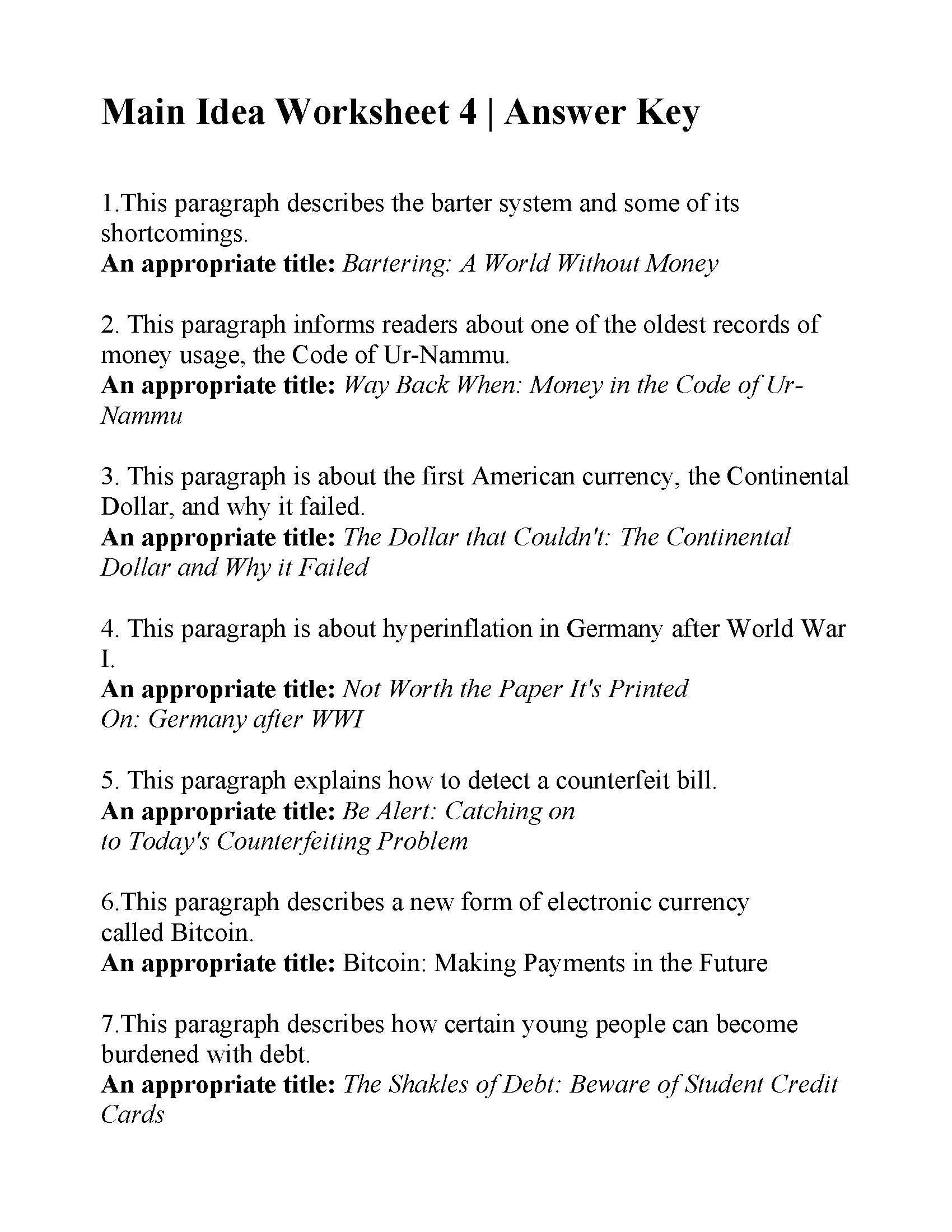 Main Idea Worksheet 4 Reading Activity