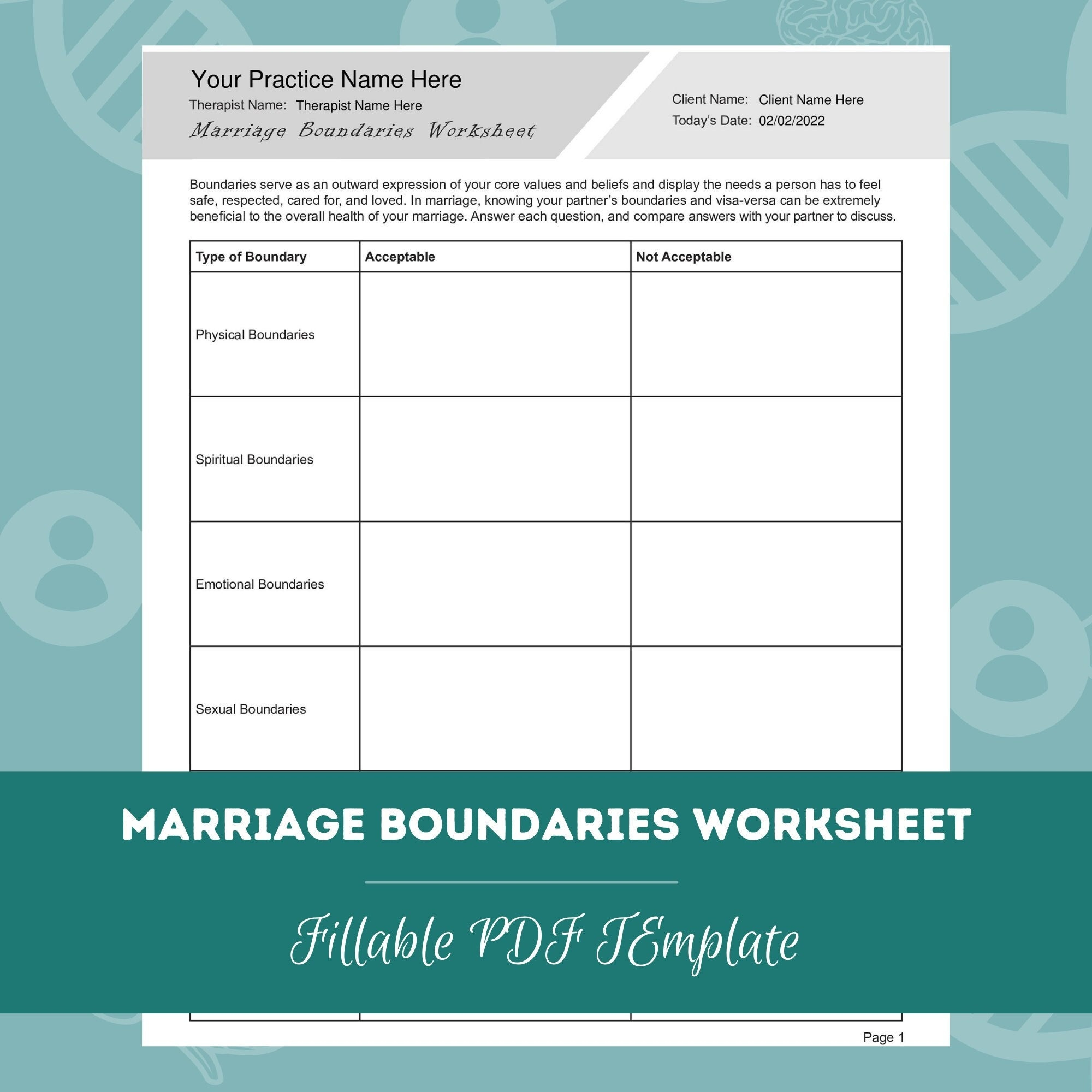Marriage Boundaries Worksheet Editable Fillable PDF Template For Counselors Psychologists Social Workers Therapists Etsy