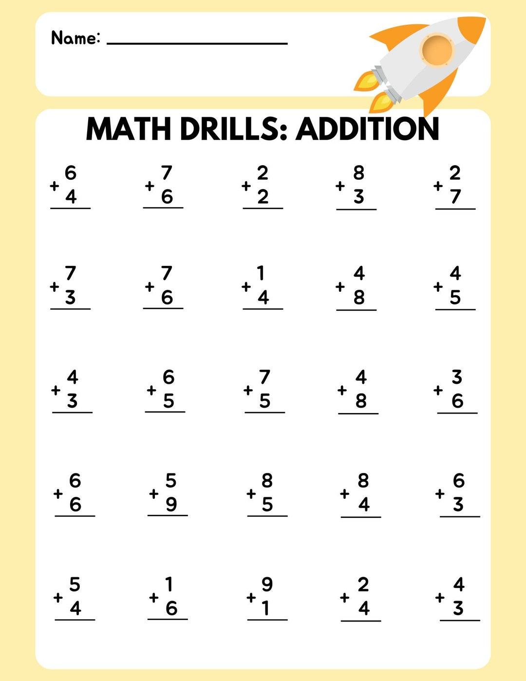 Math Drill Addition Worksheet 4 Etsy