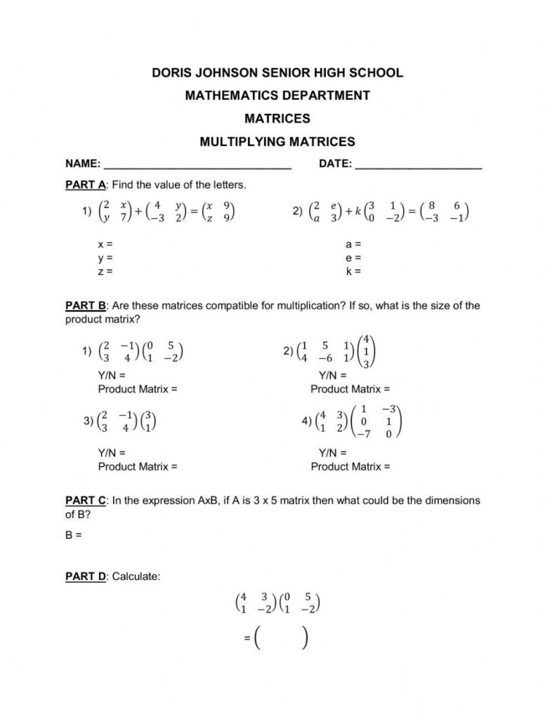 Matrix Multiplication Worksheet Worksheets Library