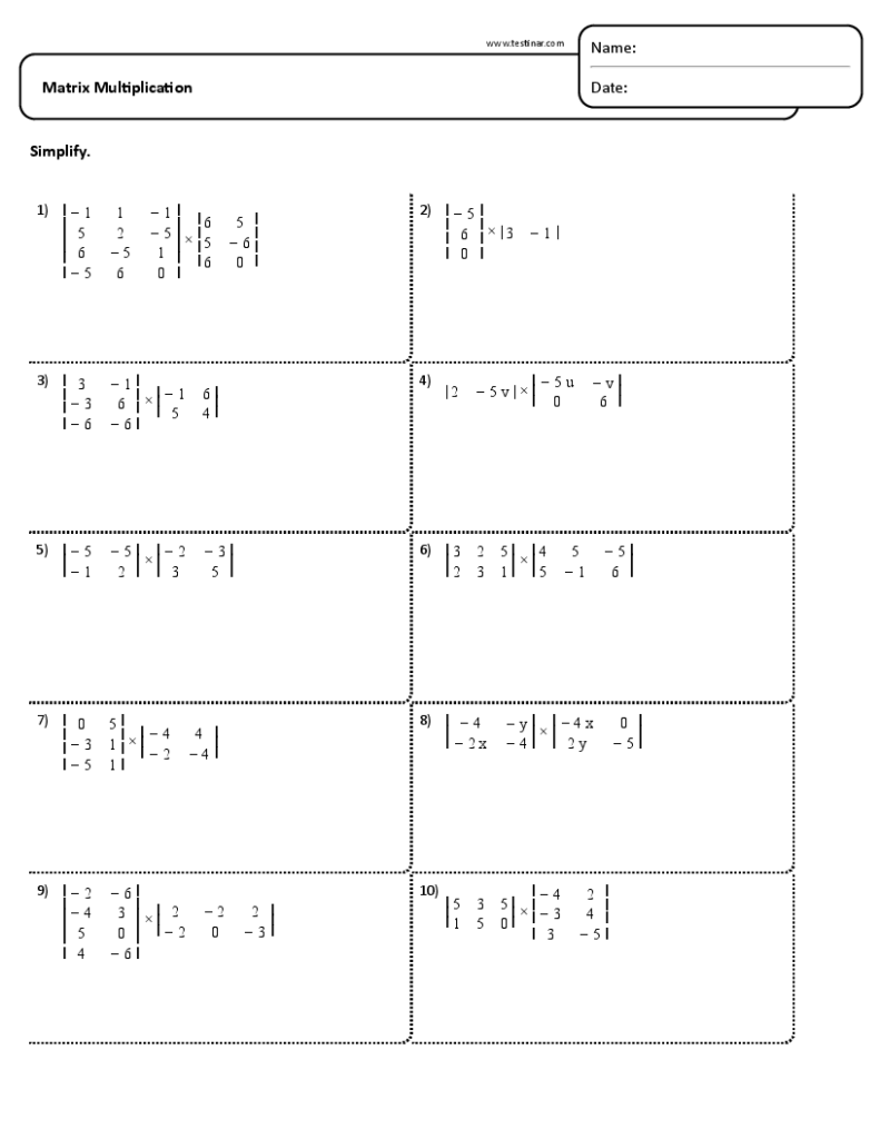 Matrix Multiplication Worksheets