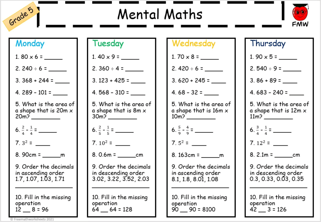 Mental Math Worksheets For Grade 5 Free Printables Homework
