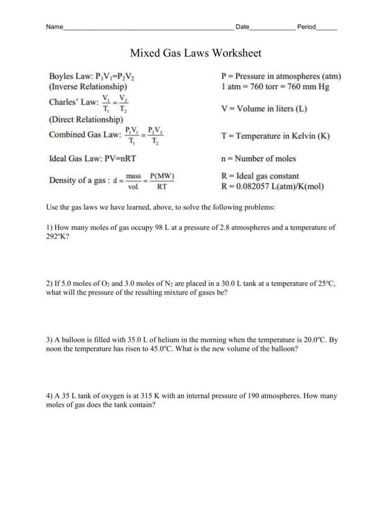 Mixed Gas Laws Worksheet Chemistry Problems