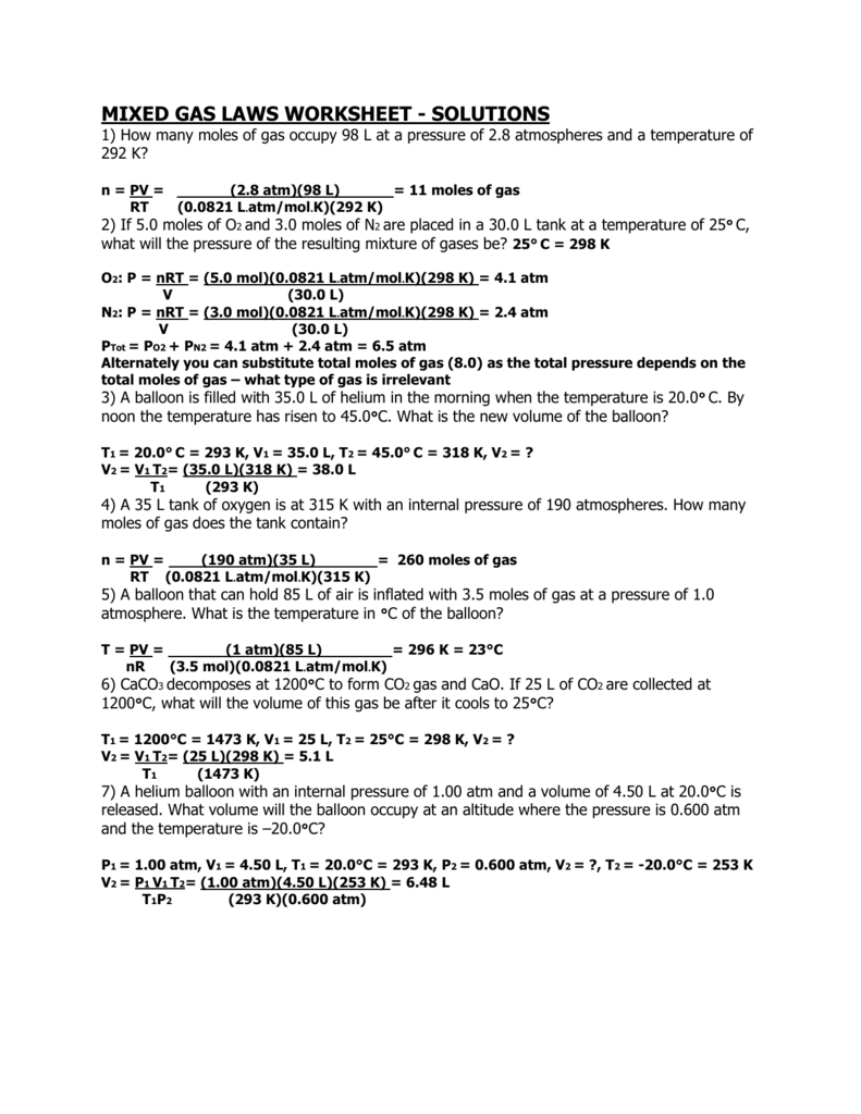 Mixed Gas Laws Worksheet With Solutions