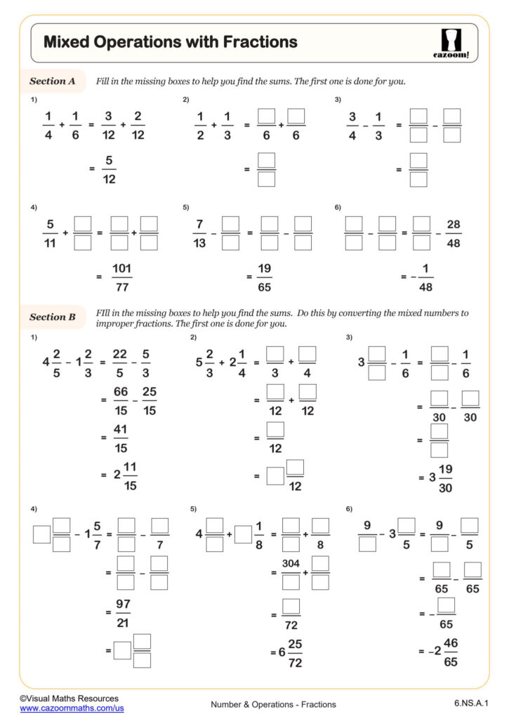 Mixed Operations With Fractions Worksheet Fun And Engaging 6th Grade PDF Worksheets Cazoom Math