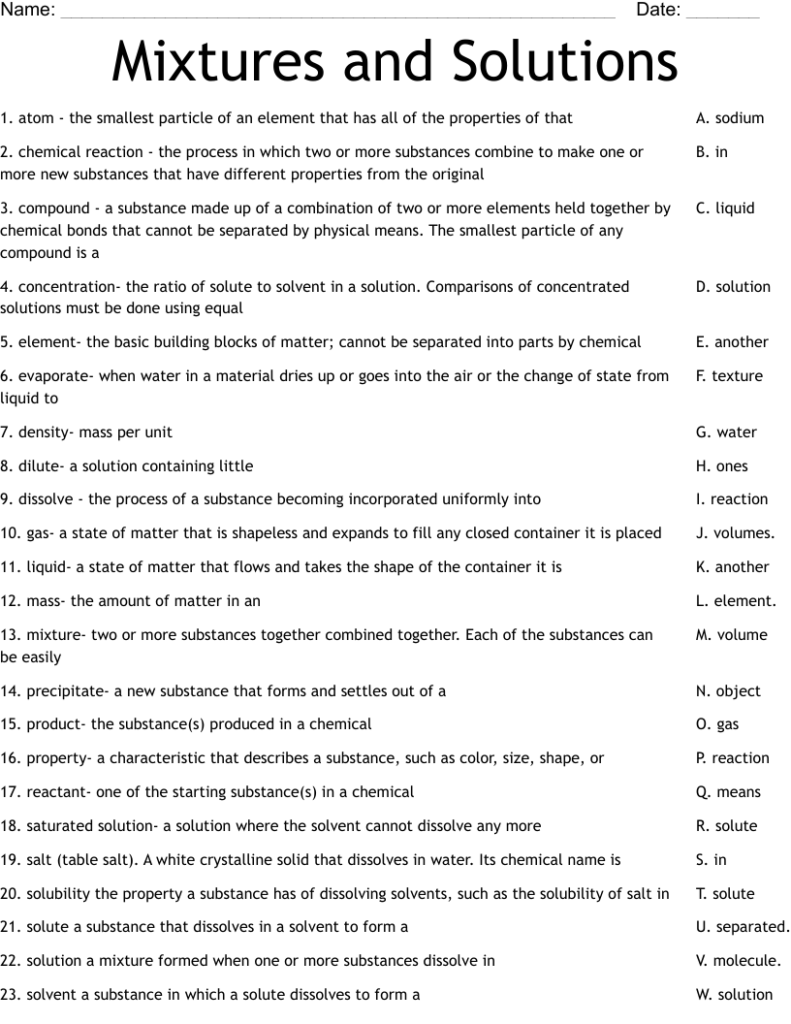Mixtures And Solutions Worksheet WordMint