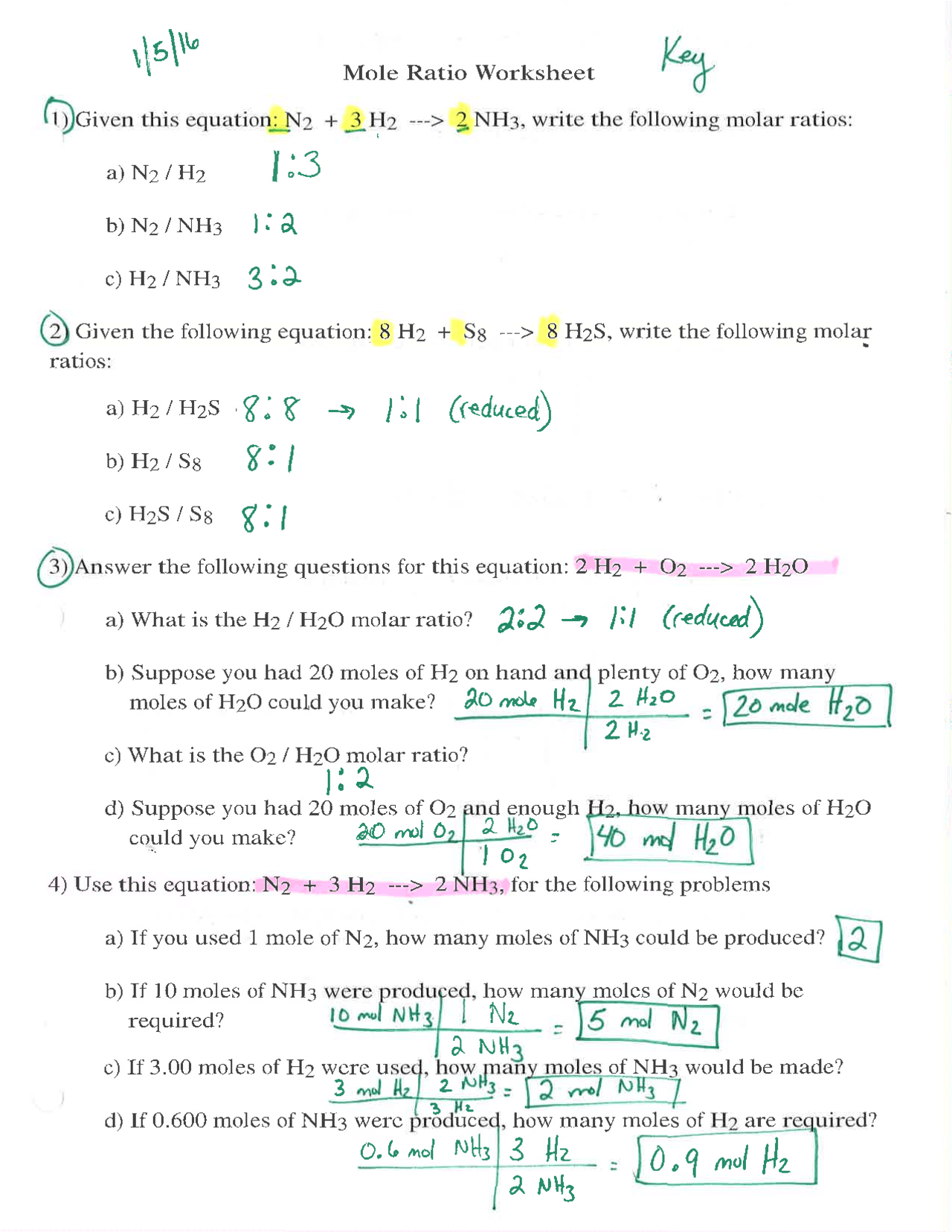 Mole Ratios Worksheet With Answers Chemistry Exercises Chemistry Docsity