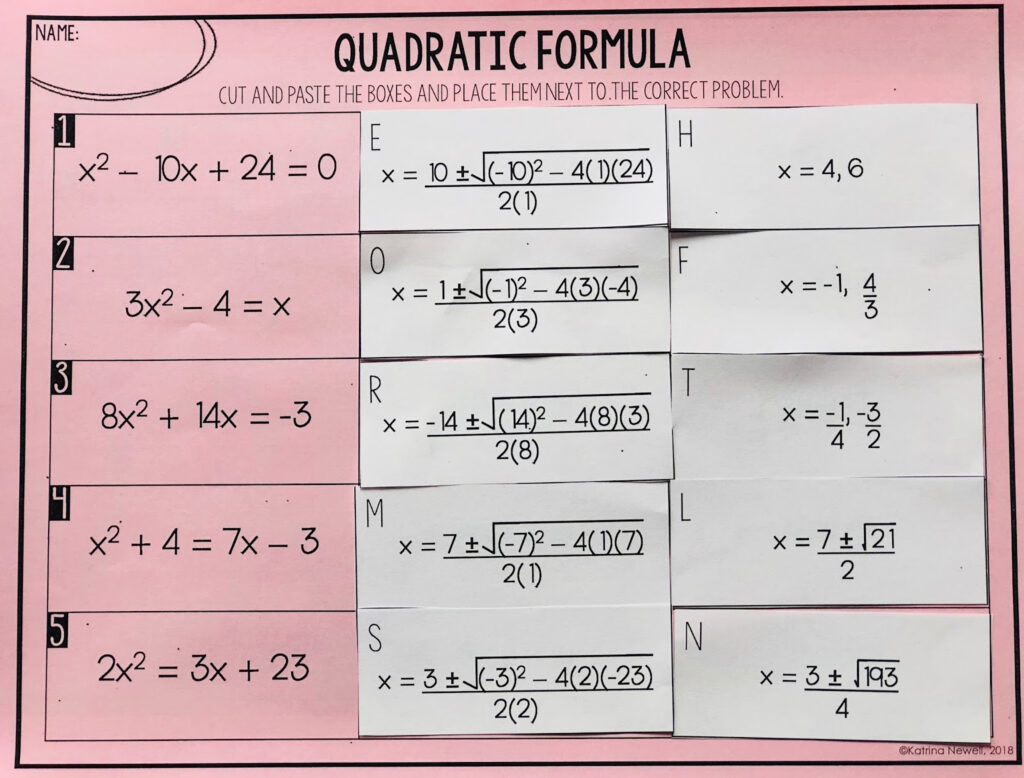 Mrs Newell s Math Quadratic Formula Activity